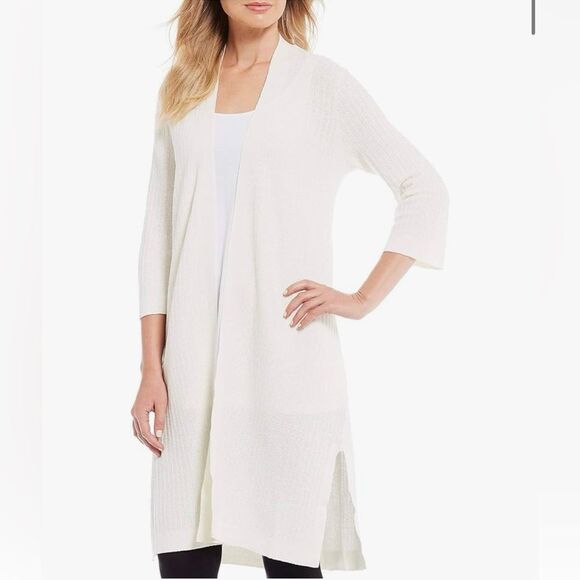 Eileen Fisher Soft White Organic Linen Textured Stretch Long Cardigan L Relaxed - Picture 1 of 9